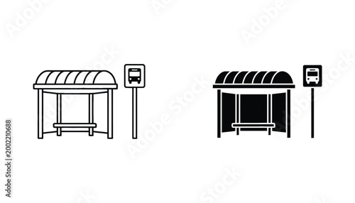 Bus stop shelter with sign silhouette vector icon set for urban infrastructure and public transport design