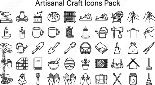 A collection of various handmade artisanal craft icons featuring tools and materials for creative hobby projects and design
