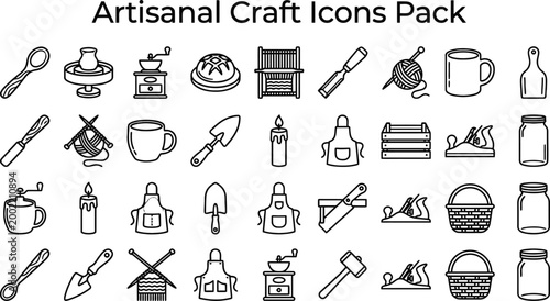 A comprehensive collection of various artisanal craft icons featuring handmade tools and rustic creative hobby supply items
