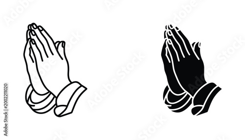Quadro su tela Praying hands icon set featuring outline and solid black silhouette styles for r