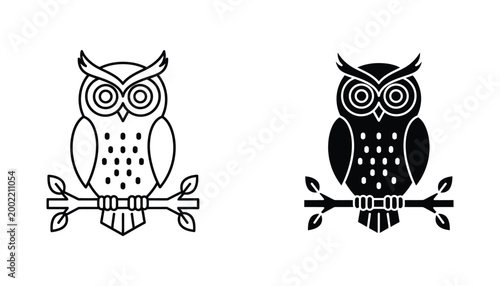 Quadro em tela Wise owl perched on a branch icon set in line art and solid black styles for edu