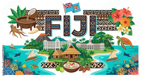 Vibrant illustration of Fiji's culture, landmarks, and marine life