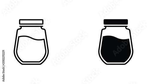 Glass jar filled with food preserve or jam for packaging design shown as simple line art and solid black glyph icons