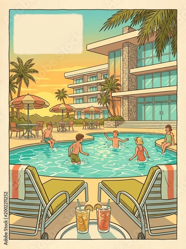 Retro Illustration of Children Playing in a Luxury Resort Pool