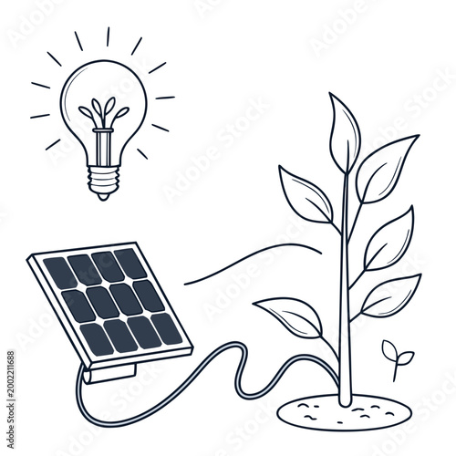 solar panel connected to plant with light bulb above high quality