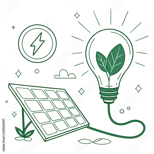 solar panel connected to light bulb with leaves in green line art