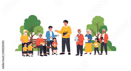 A diverse group of people including children and elderly stand together outdoors in a park