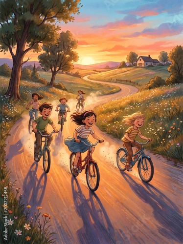 Happy children riding bicycles on a countryside road at sunset