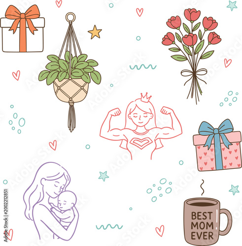 Mother's Day vector element set featuring superhero mom gift boxes flowers macrame plant and best mom ever coffee mug icons.