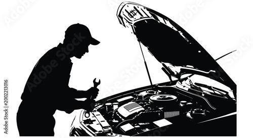 mechanic working on car engine silhouette high quality professional detailed modern elegant stylish clean crisp vibrant colorful digital creative innovative contemporary
