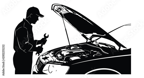 mechanic working on car engine silhouette high quality professional detailed modern elegant stylish clean crisp vibrant colorful digital creative innovative contemporary