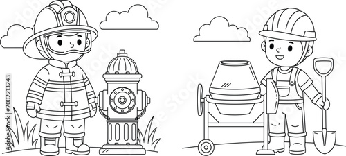 Black and white cartoon firefighter with hydrant and construction worker with cement mixer, community helper line drawing for kids coloring
