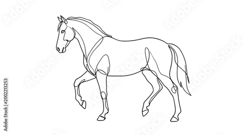 Elegant line art illustration of a majestic horse in motion, showcasing its powerful physique and graceful stride