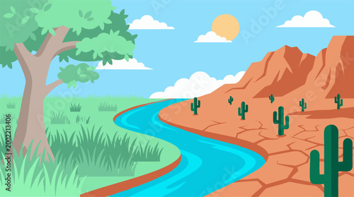 Canvastavla River dividing green oasis and arid desert with mountains, sun, and cacti