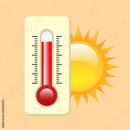 Thermometer and sun. Weather forecast. Heat. Vector illustration.