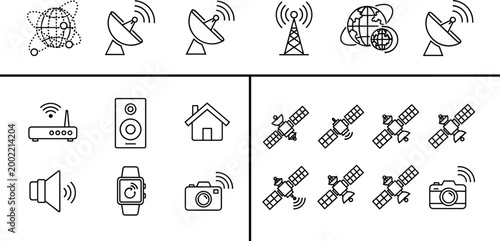 Collection of communication technology silhouette icons featuring satellites, routers, smart devices, cameras, and global network connectivity designs