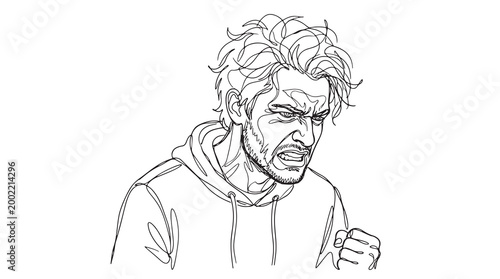 Furious man with clenched fist in a tense line art drawing, expressing intense anger and frustration