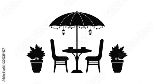 outdoor seating area with umbrella and potted plants silhouette high quality professional detailed modern elegant stylish clean crisp vibrant colorful digital