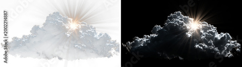 Dramatic cumulus cloud with bright sun rays shining through isolated on transparent background.