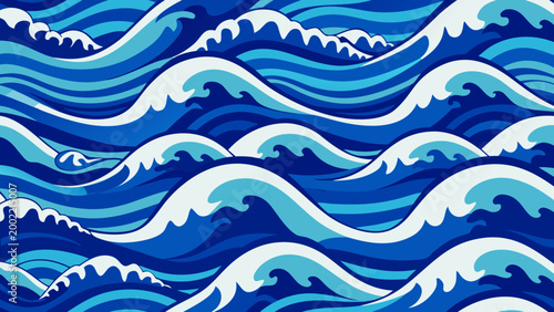 Dynamic blue ocean waves pattern illustration featuring white foam crests and stylized rolling surf in a flat vector design illustration maritime rhythmic repetition backdrop background