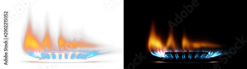 Realistic gas stove burner flame with blue and orange fire isolated on transparent background.