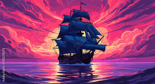 Vibrant sailing ship, purple ocean waves, pink sunset sky, vector illustration, fantasy sea travel