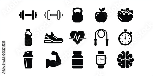 Fitness and Wellness Icon Set - Minimalist Black Vector Symbols for Gym Training Healthy Nutrition and Workout App UI Design