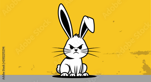 Angry rabbit, cartoon character, vector illustration, yellow background