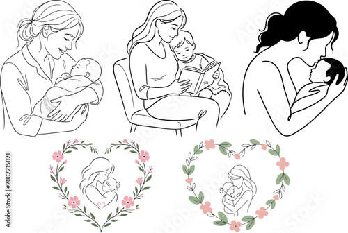 Minimalist mother and baby line art collection, 5 vector illustrations of motherhood moments, maternal love with floral heart wreaths