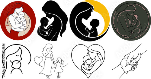 Mother and child silhouette icons, minimalist motherhood line art set, 8 breastfeeding and parenting vector graphics, maternal love and newborn care symbols