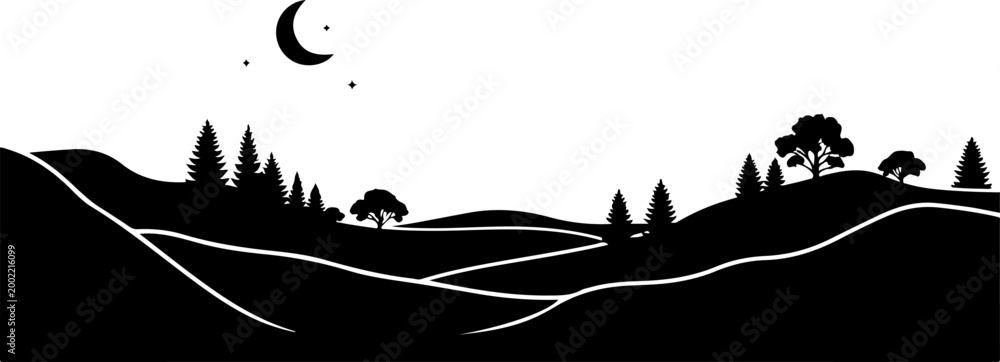 Obraz premium Black silhouette landscape, moonlit hills, trees, and roads, vector scenic view