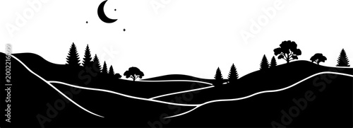 Black silhouette landscape, moonlit hills, trees, and roads, vector scenic view