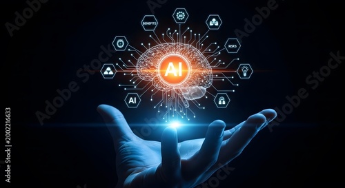 Hands holding futuristic brain with artificial intelligence network elements glowing in dark space background
