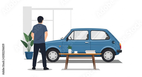 Tableau sur toile Man admiring his new blue vintage car.