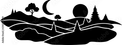 Black silhouette landscape, moonlit scenery, vector illustration, nature background