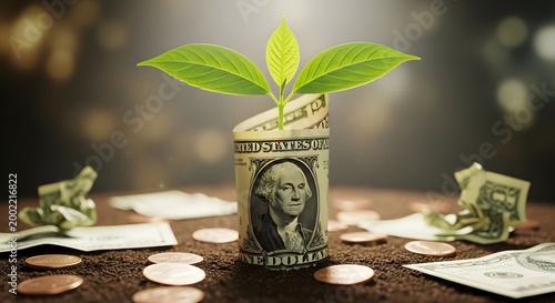 Money growing into cannabis plant on table with coins and dollar bills