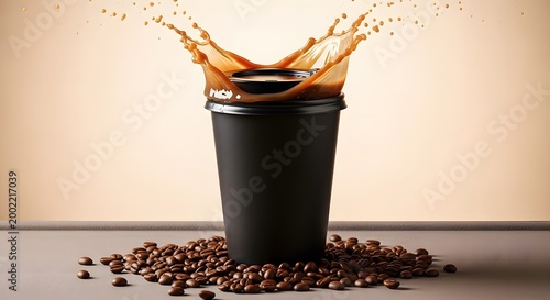 Black coffee cup spilling hot drink with steam on dark surface surrounded by coffee beans