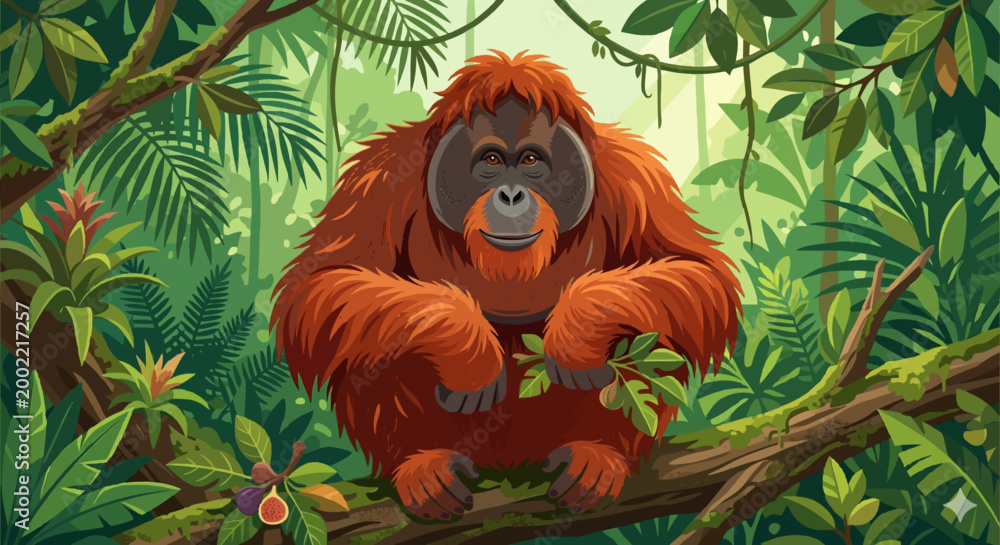 Obraz premium Orangutan Vector Illustration in Tropical Rainforest
