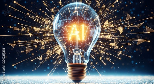 Bright futuristic light bulb exploding with digital sparks against space background