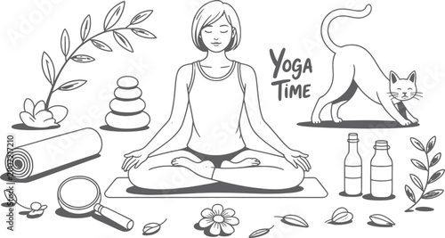 Yoga time illustration with a woman meditating and a stretching cat