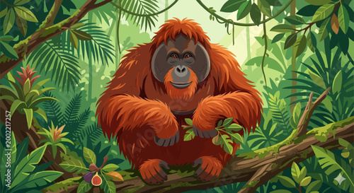 Orangutan Vector Illustration in Tropical Rainforest