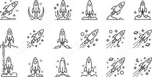 Rocket ship silhouette icons isolated on transparent background space exploration