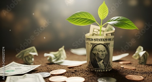 Money plant growing from us dollar bill in soil with coins