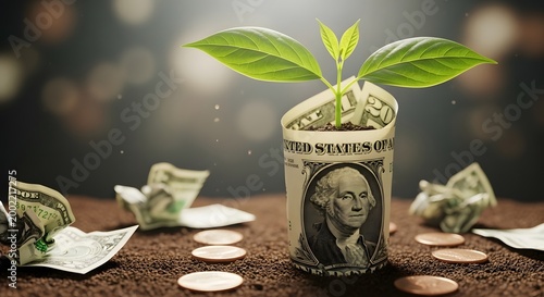 Green plant growing from a piggy bank filled with us dollar bills on wooden table