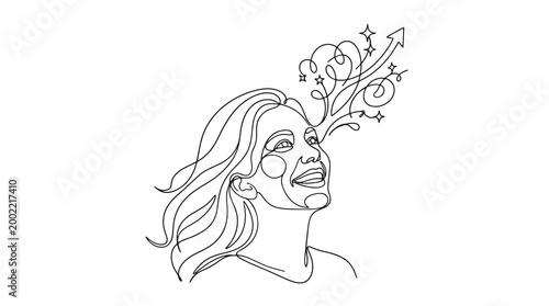 Illustration of a happy woman with an abstract representation of her thoughts and aspirations rising above her head