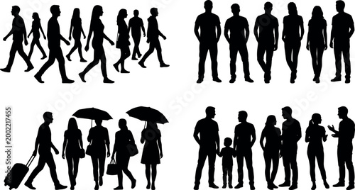 Diverse collection of people silhouettes featuring casual groups walking traveling with luggage carrying umbrellas and families interacting in urban scenesDiverse collection of 