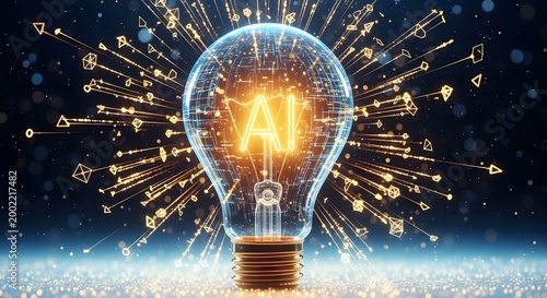 Bright glowing light bulb with futuristic geometric particles radiating in space