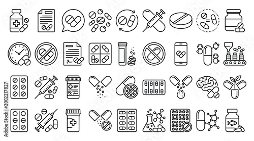 Set of 30 outline icons related to pills, medications. Linear icon collection. Editable stroke. Vector illustration