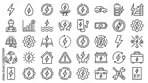 Set of 30 outline icons related to energy. Linear icon collection. Editable stroke. Vector illustration