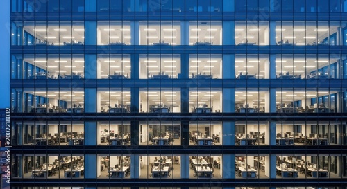 Modern Office Building Facade at Dusk with Illuminated Workspace Windows